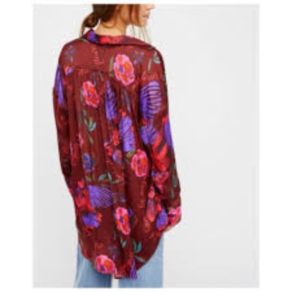 Free People Silky Nights Button Down Tunic Shirt Wine Sz XS